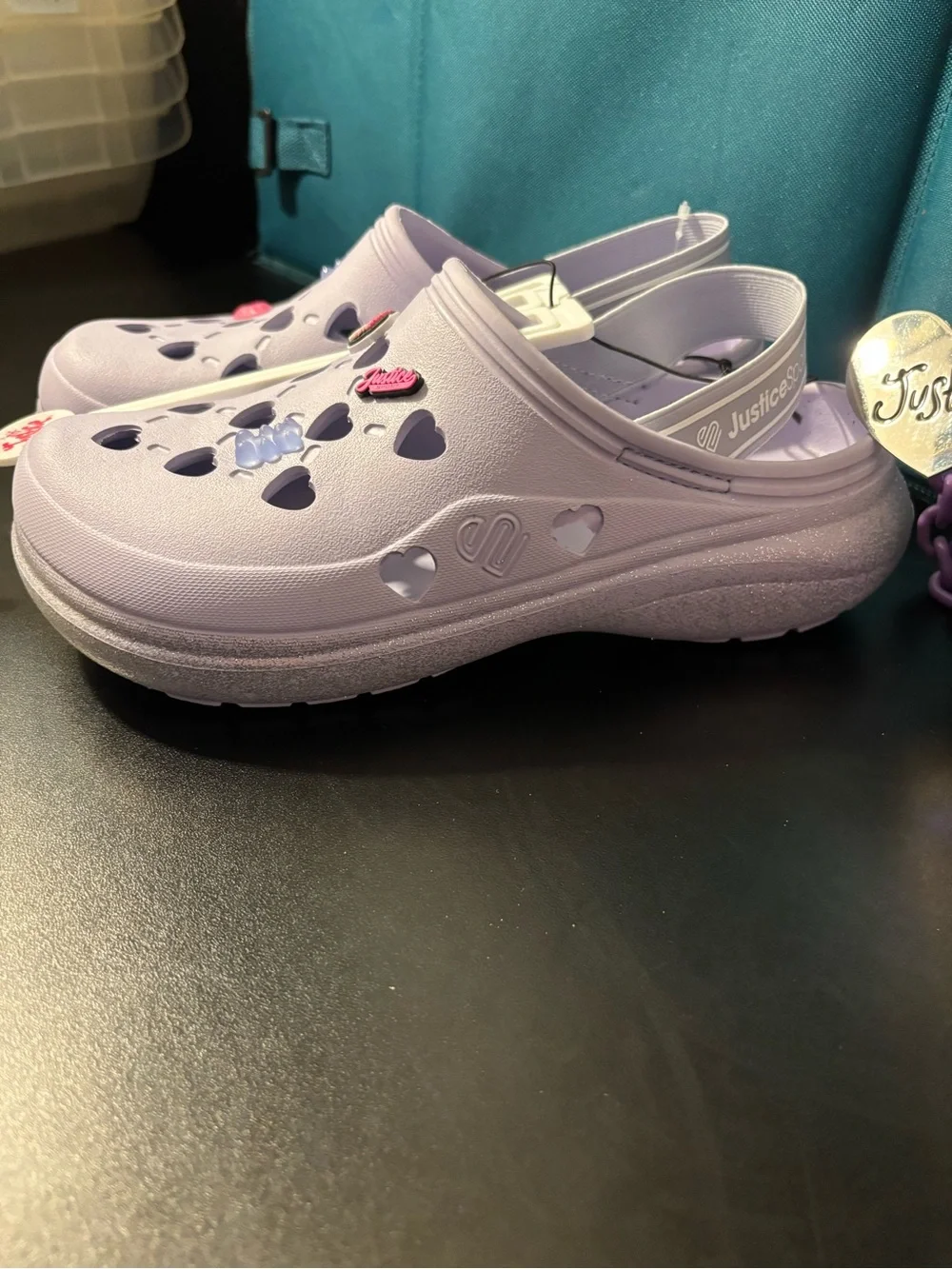 Justice Lavender Heart Slip-On Clogs with Holographic Smile Bag